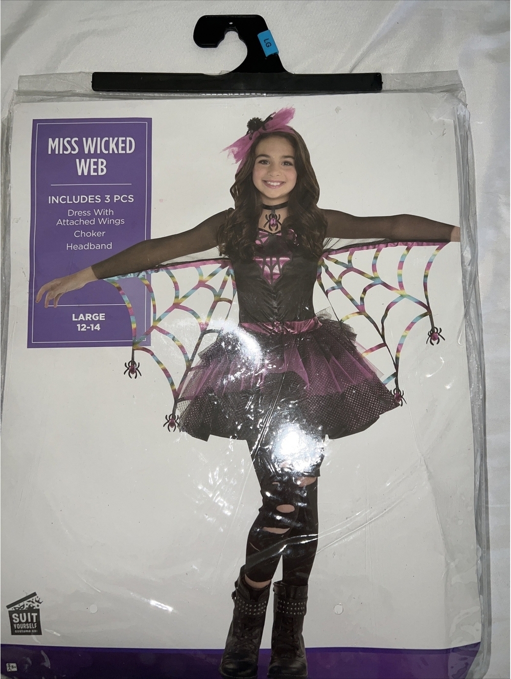 Miss Wicked Web Halloween Costume Girls Large 12-14, Dress, Wings, Headband